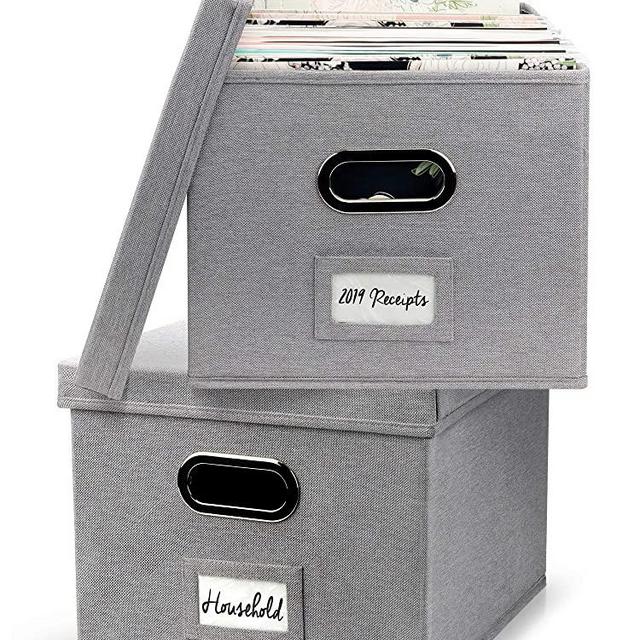 Beautiful File Box Organizer Set of 2 - Collapsible Linen File Cabinet for Easy File Folder Storage - Store All Your Documents and File Folders in Style