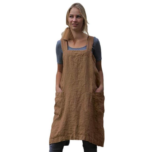 Women’s Pinafore Square Apron Baking Cooking Gardening Works Cross Back Cotton/Linen Blend Dress with 2 Pockets