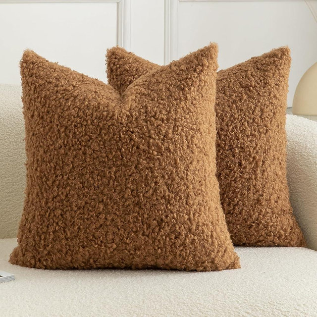 Joyouth Pack of 2 Curly Teddy Wool Faux Fur Throw Pillow Covers Fuzzy Accent Soft Sherpa Pillowcases Sheepskin Fleece Decorative Cushion Case for Sofa Couch Living Room 24x24 Inch Bronze