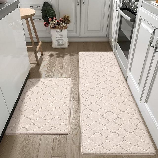 DEXI Kitchen Rugs Anti Fatigue Mats for Floor Cushioned Runner Rug Non Skid Comfort Foam Standing Mat for Office, Sink, 2 Pieces Set 17"x29"+17"x59", Beige White