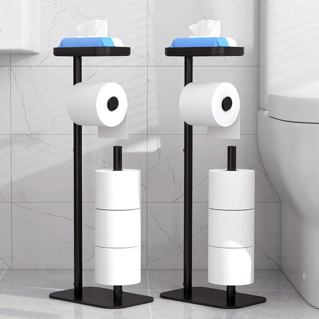 Kitsure Toilet Paper Holder Free Standing – Rustproof Metal Toilet Paper Stand for 4 Rolls with Anti-Slip Base and Shelf for Phone & Small Items, Bathroom Organizers and Storage, Black, 2Packs