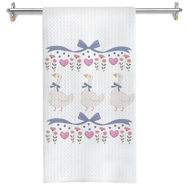 GOOZHO Coquette Blue Bow Goose Kitchen Towels, Pink Floral Silly Goose Dish Tea Towels for Kitchen Decor, Cute Aesthetic Geese Farm Animal Hand Towel, 16x24 Inches