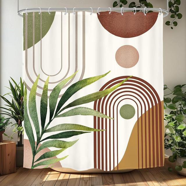 Glawry Green Brown Boho Shower Curtain Abstract Mid Century Plant Tropical Leaves Modern Geometric Bathroom Minimalist Arch Curve 60Wx72L Inches Bath Accessories Art Home Decor Fabric 12 Pack Hooks