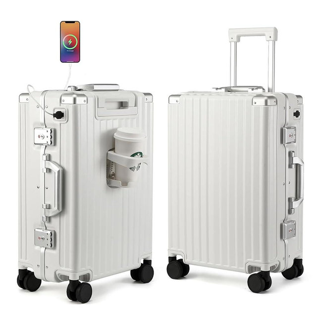 MYER Hard Shell Carry On Luggage 22x14x9 Airline Approved,20 Inch Aluminum Luggage with 100% 3-Layer PC,Carry On Suitcases with Wheels,Cup Holder and USB Port (Milky White, 20 inch)