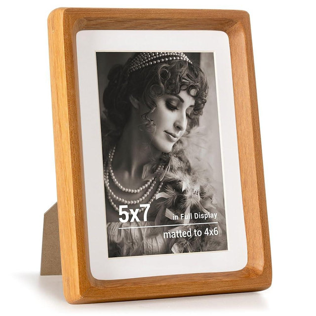 Fun Memories 5x7 Picture Frame, USA-Sourced Teak Wood Photo Frames with HD Tempered Glass, Handcrafted Rounded Corner 5 x 7 Wooden Frames Matted to 4x6 Photos, 5x7 Frame, Tabletop or Wall Display
