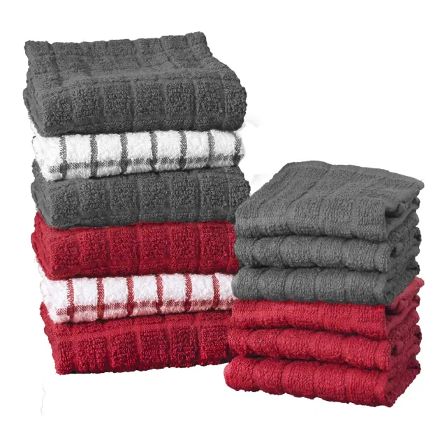 John Ritzenthaler Co. Ritz Variety 12-Pack Checked and Solid Kitchen Towel and Dish Cloth Set, Paprika/Graphite