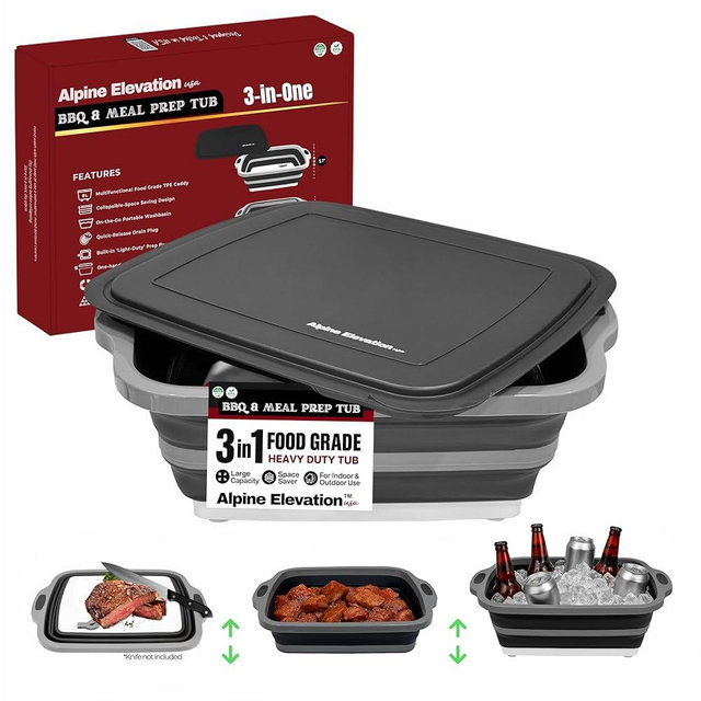 Collapsible Large (8L) BBQ Marinating Tub w/Cutting Board | Multipurpose Food-Grade TPE Prep Tub w/Lid | Built-in Colander & Drain Plug - for Camping | Tailgate | Picnic - Slate Black
