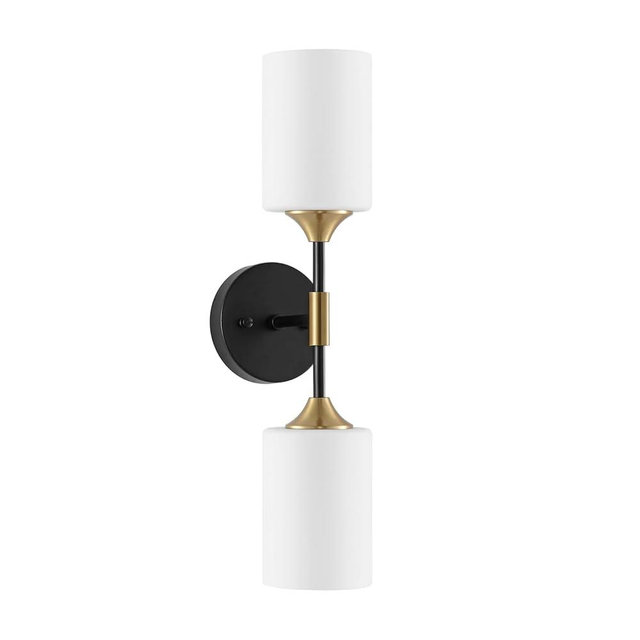 BYOLIIMA Industrial Mid Century Wall Sconce 2-Lights with White Cylinder Glass Shades Modern Bathroom Vanity Wall Lamp Matte Black and Gold Brushed Brass Finished Wall Light Fixture