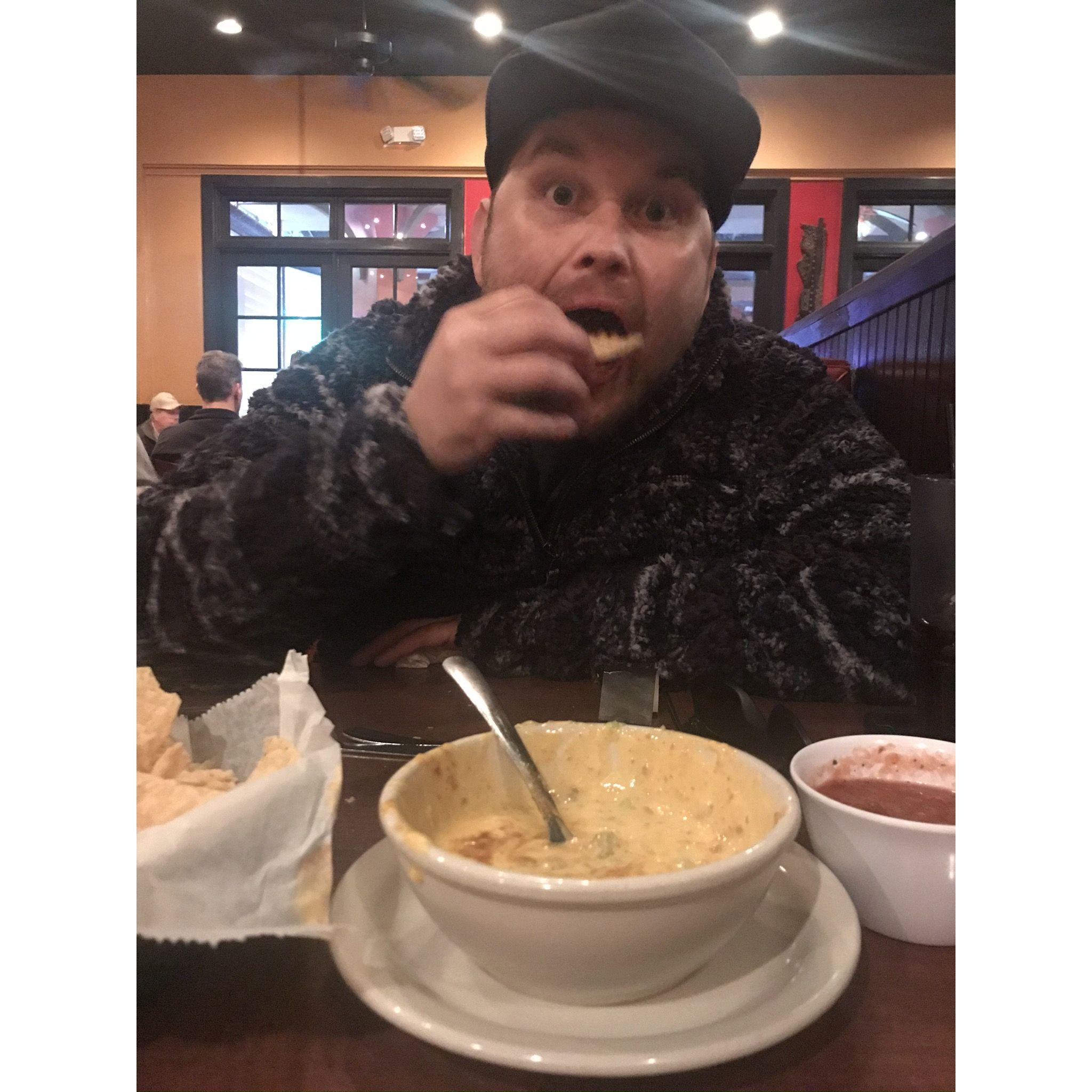 CJ's first time to Austin and eating REAL chips and queso!