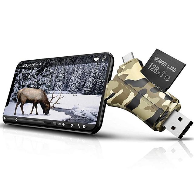 Dankent Trail Camera Viewer SD Card Reader - 4 in 1 SD and Micro SD Memory Card Reader to View Hunting Game Camera Photos or Videos on Smartphone, Camouflage, Multicolor