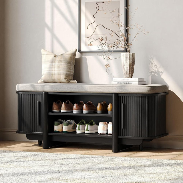 Maupvit Entryway Shoe Storage Bench with Sliding Doors, 2-Tier Upholstered Shoe Rack Bench with Hidden Storage, Wooden Shoe Organizer with Padded Cushion for Hallway, Mudroom, Bedroom, Black Finish