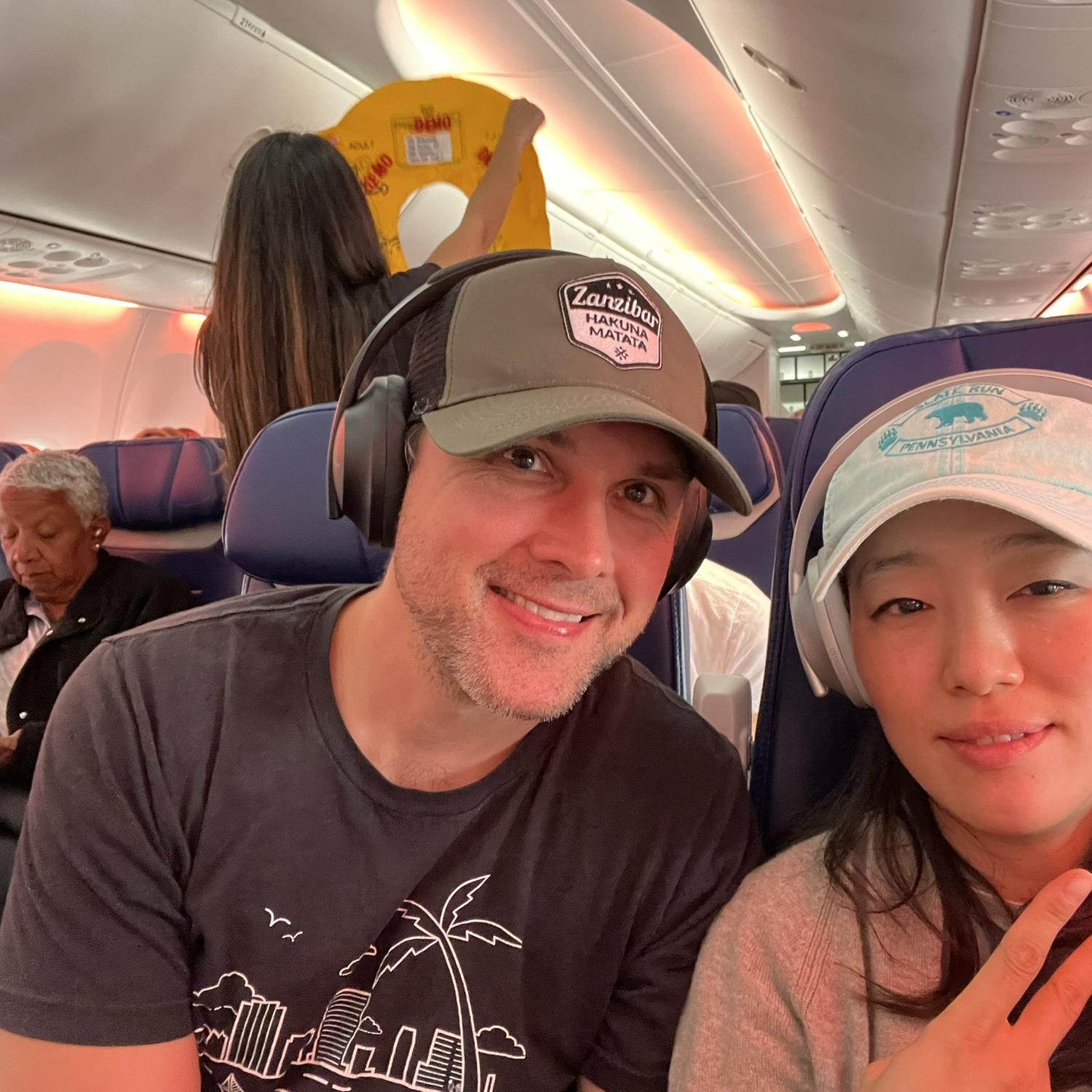 Goofing off during the flight attendant's safety checks