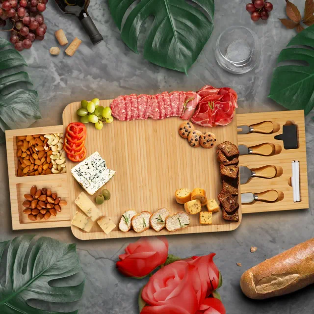 Bambüsi Charcuterie Board: Double Drawer Large Cheese Board - Large Serving Platter, Wedding Gifts, Housewarming Gift Birthday Gifts for Women or Men