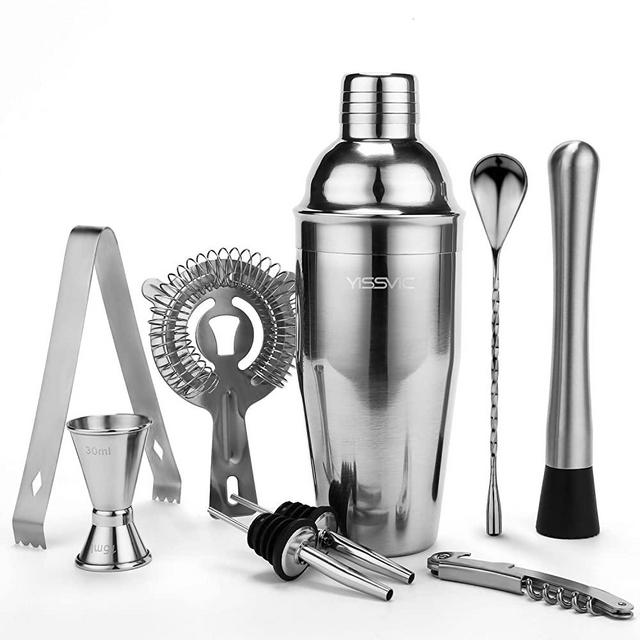 YISSVIC Bartender Kit 9pcs Cocktail Shaker Set with Martini Shaker Double Jigger Muddler 2 Pourers Ice Tong Ice Strainer Bar Spoon Corkscrew Bar Tools Set (25.4oz)