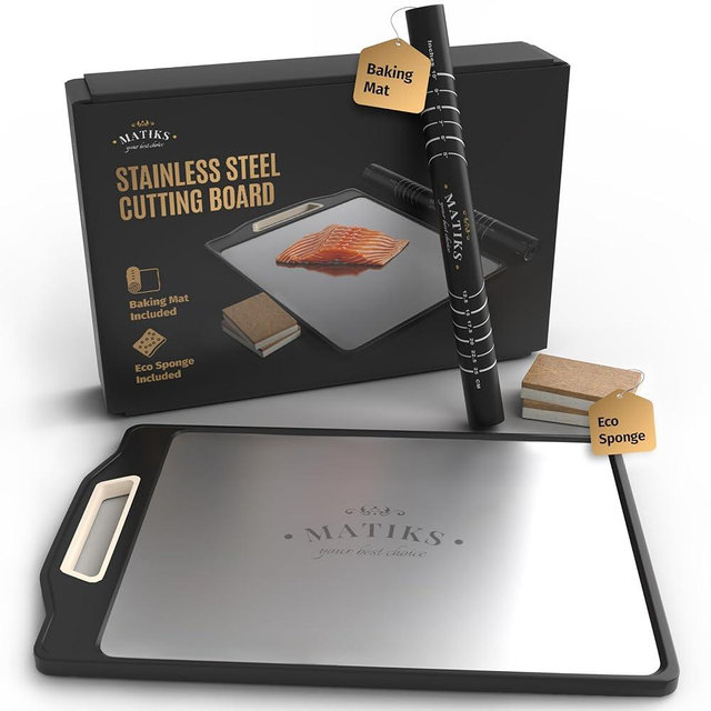 Matiks Stainless Steel Cutting Board Set - 3-in-1 Double-Sided Chopping Board for Kitchen - Large Size Metal Meat Board 16”×11” - Healthy Wheat Straw - Dishwasher Safe - Baking Mat & Eco Sponges Added