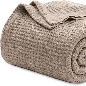 Bedsure 100% Cotton Blanket King Size for Bed - Breathable and Soft, Waffle Weave Blanket for Summer Spring, Tan, 104x90 inches