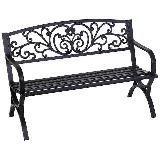 FDW Outdoor 50 Inches Garden Bench, Slatted Seat Armrests Floral Design Backres and Arch Legs, Perfect for Park, Yard, Porch, Lawn, Balcony, Backyard, Black