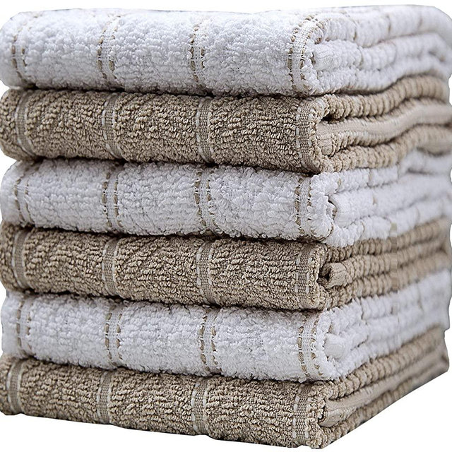 Pleasant Home Kitchen Towels (16.5”x 26”, 6 Pack) – Large Cotton Kitchen Hand Towels – Window Pane Design – 369 GSM Highly Absorbent Tea Towels Set – Tan