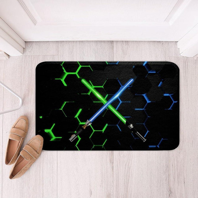 Geometric Lightsaber Non Slip Bath Mat Neon Blue Purple Light Honeycomb Bathroom Rug Kids Boys Men 3D Glowing Hexagon Shaggy Absorbent Floor Mat Fashion Black Bath Indoor Doormat Decor,16"x24"