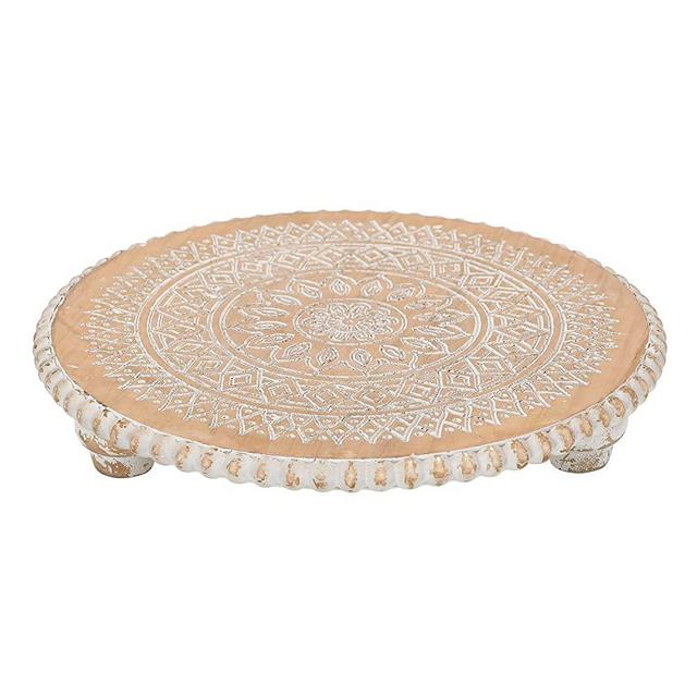 NIKKY HOME Round Wood Decorative Tray Riser, Hand Carved Rustic Farmhouse Wooden Pedestal Display Stand, Centerpiece Decor for Coffee Bar Table, Kitchen Counter, Dining Room