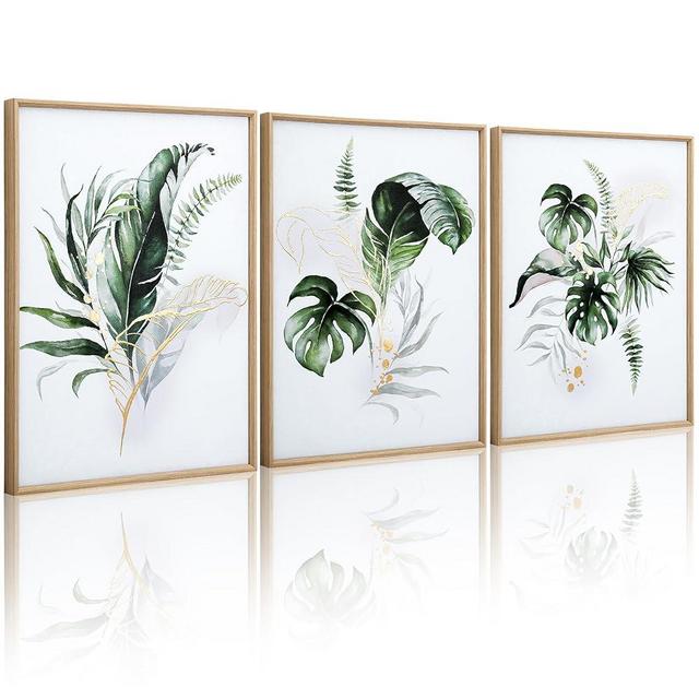 ArtbyHannah Framed Canvas Wall Art for Living Room Botanical Wall Art Gold Modern Wall Decor with Green Plant Pictures for Bedroom Bathroom (12x16 Inch 3pack Beige Framed)