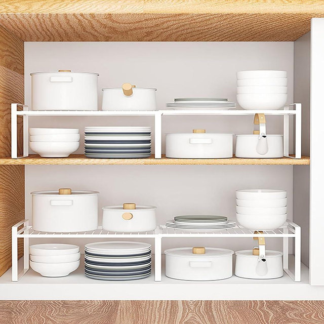 Homgertu 13"-24" L Expandable Cabinet Shelf Rack Set of 2, Stackable Kitchen Countertop Cupboard Organizers and Pantry Storage Shelves 2 Pack