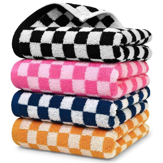 Jacquotha Luxury Hand Towels Set of 4 for Bathroom - Cotton Soft Decorative Checkered Kitchen Towels, Black, Hot Pink, Navy, Orange, 13x29 Inches Men Women Family Rags