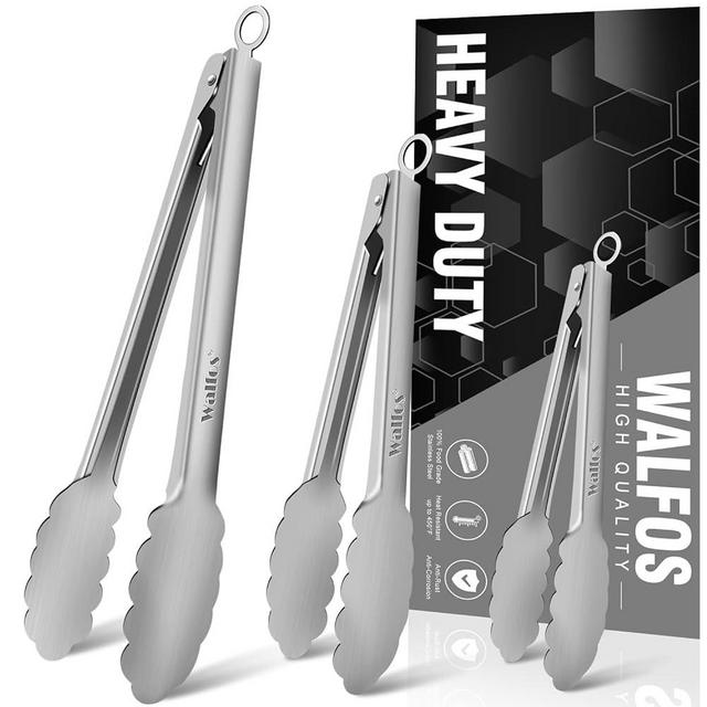 Walfos All Metal Kitchen Tongs for Cooking, BBQ Grilling, 600℉ Heat Resistant Stainless Steel Tongs - Heavy Duty 7 ，9 and 12 Inch Locking Tongs Set of 3