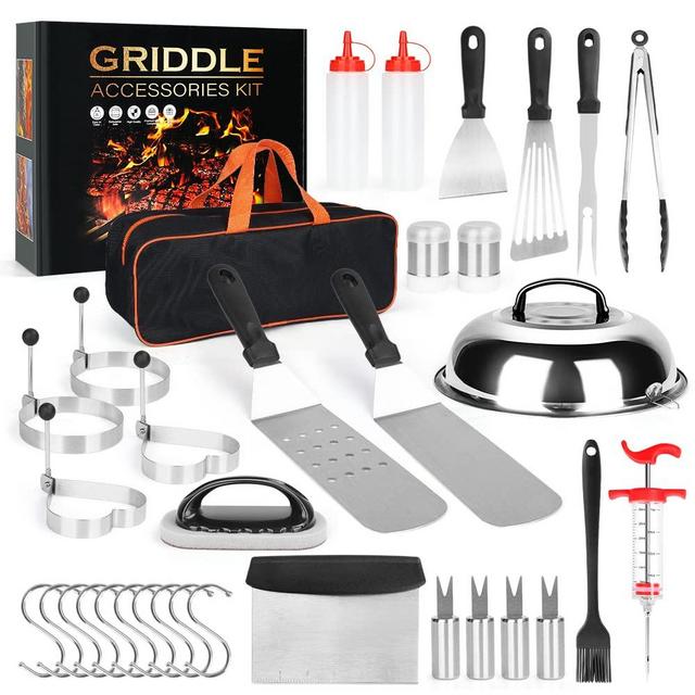 Griddle Accessories Kit, 34Pcs Extra Thick Flat Top Griddle Grill Set for Professional Chef Spatula Grill BBQ Set,with Oil Brush, Spatula,Scraper, Bottle, Tongs,Egg Ring ,for Camping Outdoor Grill