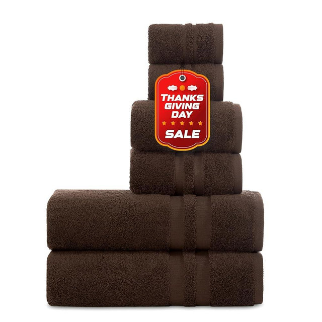 COTTON FINE Premium 6 Piece Towel Set, 2 Bath Towel, 2 Hand Towels, 2 Washcloths, 100% Turkish Cotton Soft Absorbent Towels (Chocolate Brown, 6 Piece Towel Set)