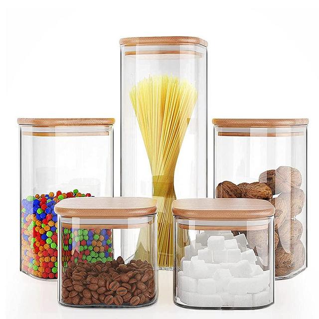 Glass Storage Jars [Set of 5] ,Clear Glass Food Storage Containers with Airtight Bamboo Lid Stackable Kitchen Canisters for Candy,Cookie,Rice,Sugar,Flour,Pasta,Nuts and Spice Jars(Square)