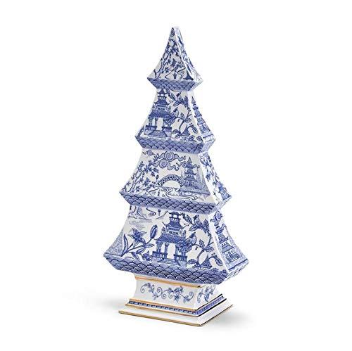 Two's Company Blue & White Chinoiserie Ceramic Christmas Tree - 12" Tabletop Figurine with Gold Trim for Vintage Holiday Decor.