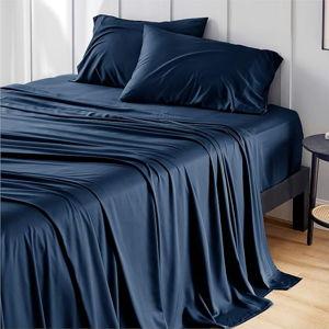 Bedsure Queen Sheet Set, Rayon Derived from Bamboo, Cooling Sheets, PureWoven, Breathable & Soft, Deep Pocket Up to 16 Inches, Hotel Luxury Silky Bedding for Hot Sleepers, Navy