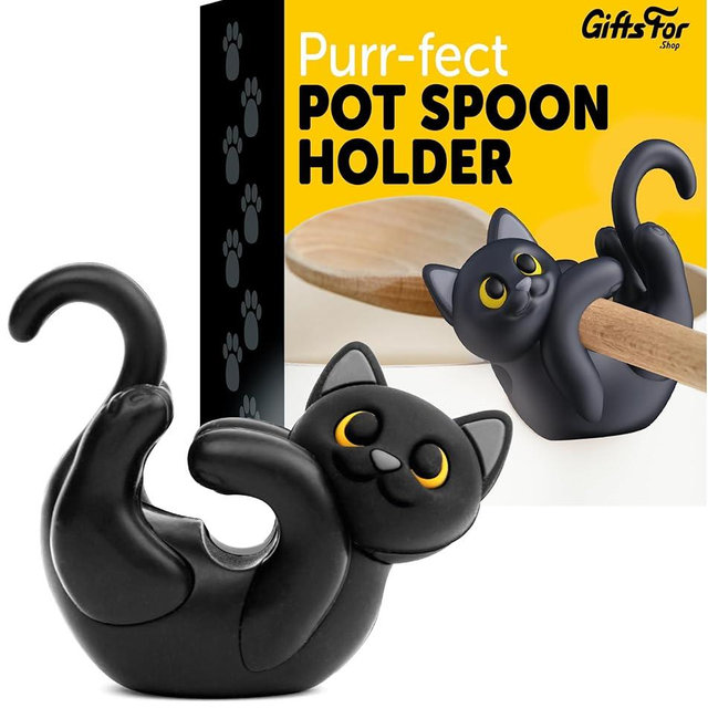 GiftsFor .Shop Cat Funny Spoon Rest Silicone Utensil Rest - Pot Spoon Holder-Food Grade Silicone Utensil Holder Kitchen Gadget - Fun, Cute & Silly Black Cat Design