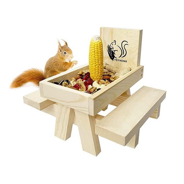 Squirrel Feeder for Outside and Garden , Funny Squirrel Picnic Table Feeder with Corn Cobs Holder and Peanut Tray , Squirrel Gifts for Squirrel and Chipmunk Lovers , Easy to Install