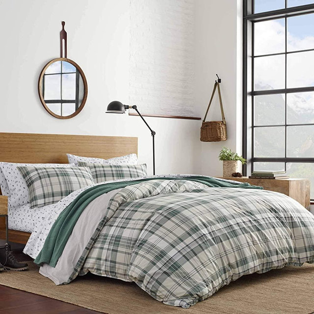 Eddie Bauer Home | Timbers Collection | 100% Cotton Soft & Cozy Premium Quality Plaid Duvet Cover Matching Shams, 3-Piece Bedding Set, Machine Washable, King, Evergreen