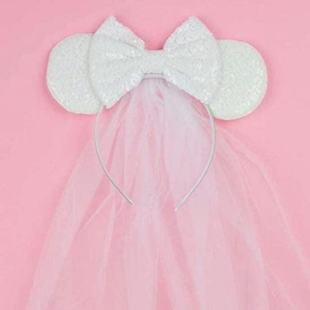 CLGIFT Bride Minnie Mouse Ears Headband, White Veil Bride Minnie Ears, Honeymoon Ears, Wedding Ears, Bachelorette Party Ears (White)