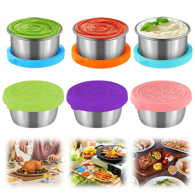 6x1.6/2.4 Oz Condiment Containers with Lids,Salad Dressing Container To Go,Small Reusable Stainless Steel Sauce Containers For Lunch Boxes Picnics Travel Meal Prep Kitchen Storage (6PC-1.6oz)