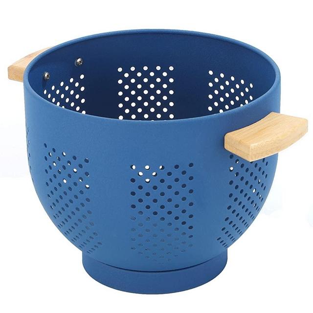 Metal Colander with Wood Handle, 5.5 Quart Powder Coated Steel Large Kitchen Strainer Stable Base,(Deep Blue, 11.26inch)