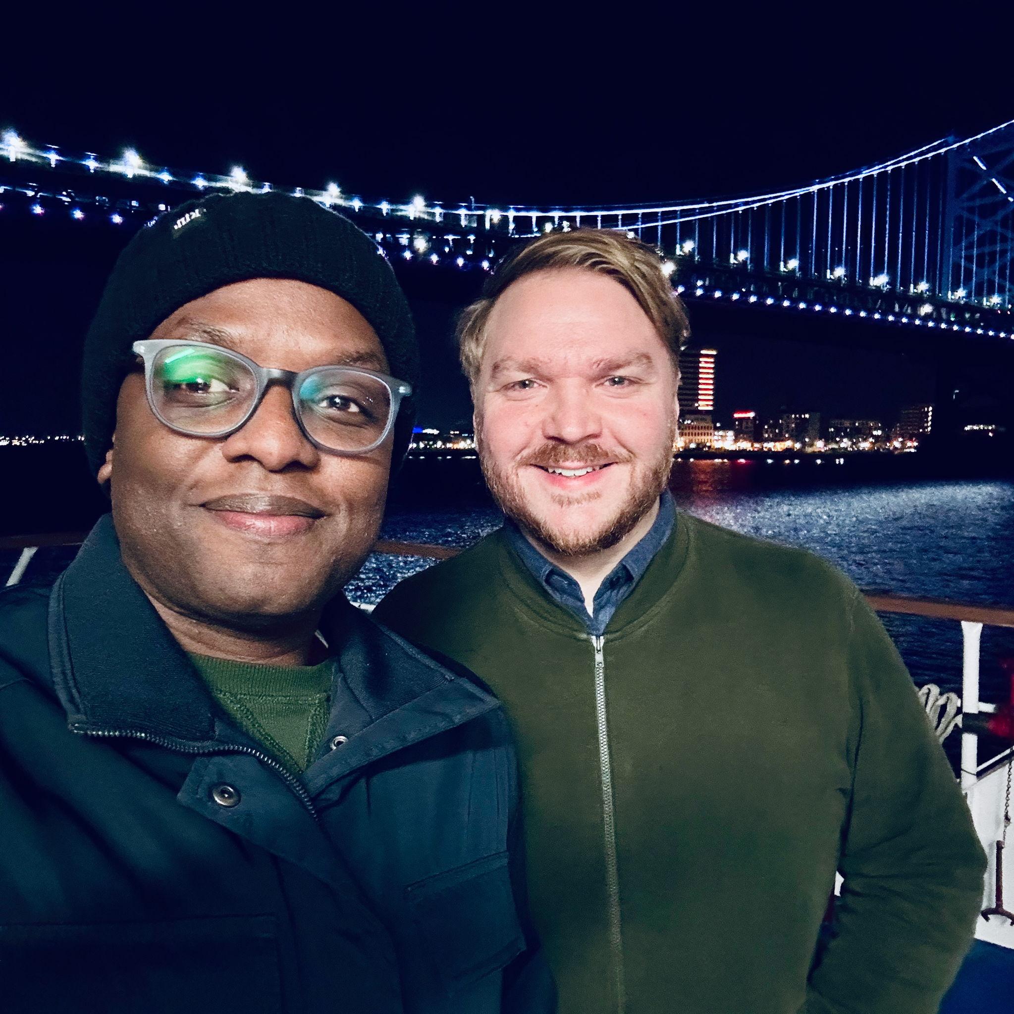 We won a dinner prize on the Spirit of Phialdelphia! It was a crisp night but we got this great photo with the Ben Franklin Bridge behind us.
