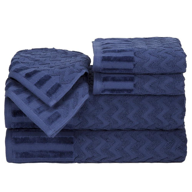 Bedford Home 6-Piece Cotton Deluxe Plush Bath Towel Set – Chevron Pattern Plush Sculpted Spa Luxury Decorative Body Hand and Face Towels (Navy)