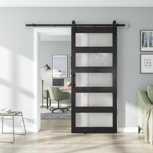 ALAMEDADT 36'' x 84'' Glass Barn Door and 6.6 Ft Hardware Kit Included, MDF White Barn Door Slab with Frosted Glass, PVC Surface, Combined with Handle and Floor Guide-Assembly Required, Dark Grey