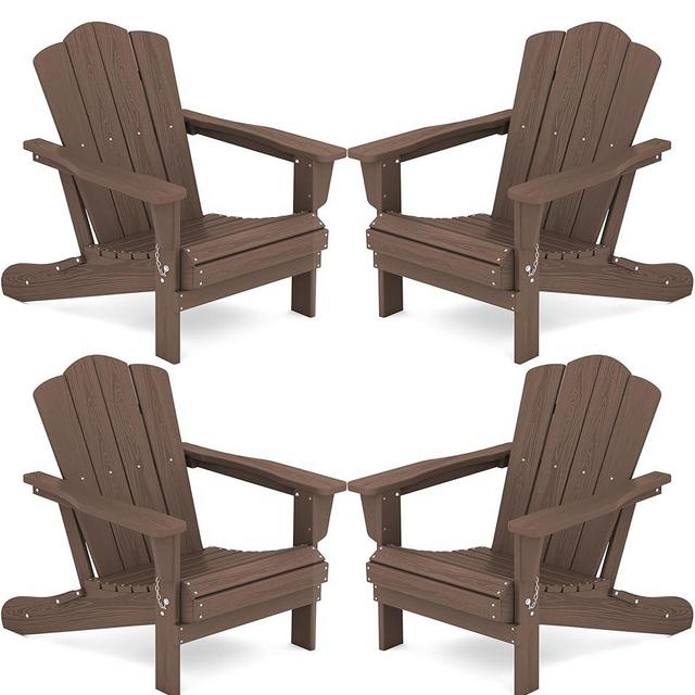 KINGYES Folding Adirondack Chair Set of 4, HDPE All-Weather Folding Adirondack Chair, Brown