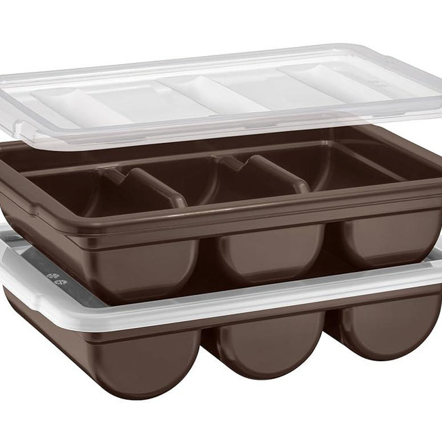 2 Pack - Cutlery Bin with Lid, Commercial 3-Compartment Flatware Tray with Cover, Large Silverware Divided Storage Plastic Container, Restaurant Condiments Holder, Covered Utensil Organizer Box, Brown
