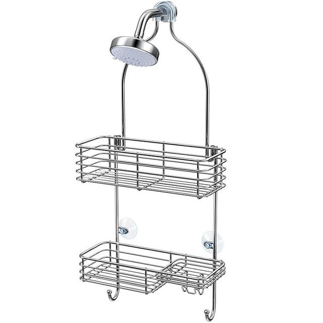 HEETA Hanging Shower Caddy, Shower Organizer over Shower Head, Stainless Steel Rustproof Bathroom Storage Rack with Hooks for Razor, Towel and Sponge, No Drilling, Holds 40 lbs (Silver)