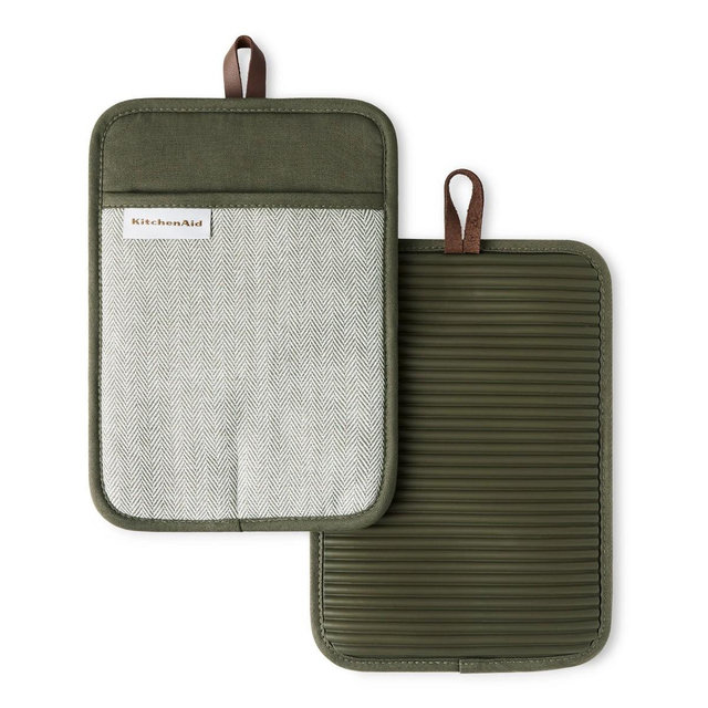 KitchenAid Evergreen Design Series Herringbone Ribbed Soft Silicone Pot Holders 2-Pack, Heat Resistant, Waterproof, Deep Forest Green, 7"x10"