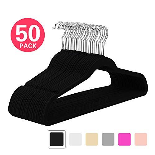 MIZGI Premium Velvet Hangers (Pack of 50) Heavyduty - Non Slip - Velvet Suit Hangers Black - Chrome Hooks,Space Saving Clothes Hangers