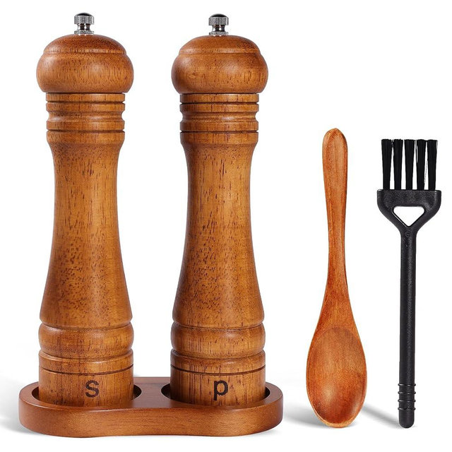 DEBETOOL Wooden Salt and Pepper Grinder Set with Stand - 8-inch Oak Wood Salt Mill Pepper Grinder Set, Adjustable Ceramic Core, 2 Pepper Mills + Wooden Spoon & Cleaning Brush (Kitchen Essential)