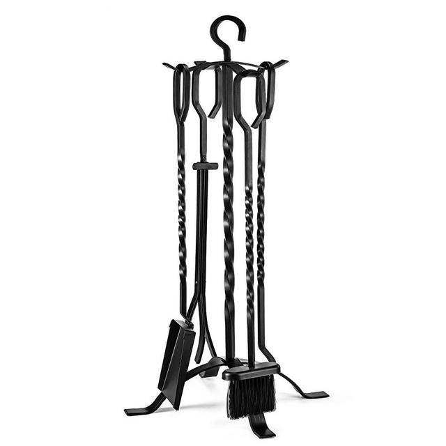 Delxo 5pcs Fireplace Tools Set 31inch Black Cast Iron Fire Place Tool Set with Log Holder Fire Pit Stand Rustic Tongs Shovel Antique Broom Chimney Poker Wood Stove Hearth Accessories