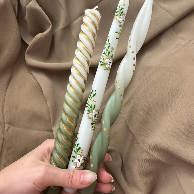 Hand Painted Floral Taper Candles, Sage Green Botanical Set, Elegant Wedding Decor